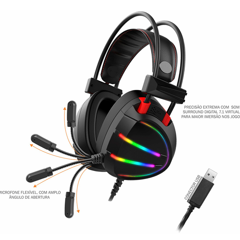 headset gamer stereo c/microfone ar70  preto/prata led rgb usb k-mex